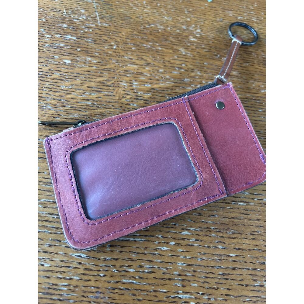Patricia Nash Dusty Red Embossed Leather Zip Card Holder Wallet w Key Ring - Picture 3 of 8